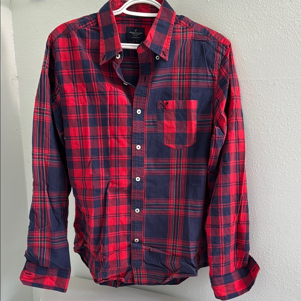 American Eagle By Payless Red and Navy Plaid Shirt